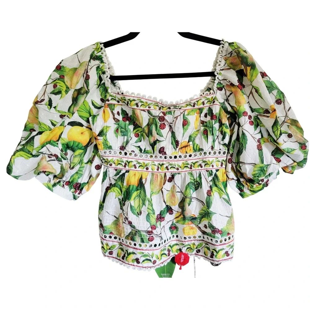 Farm Rio Women's Puff Sleeve Lace Up Back Fruit Orchard Blouse XS NWT‎ RV $165